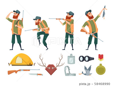 Hunters equipment. Various tools for duck hunters Hunters equipment. Various tools for duck hunters 58468990