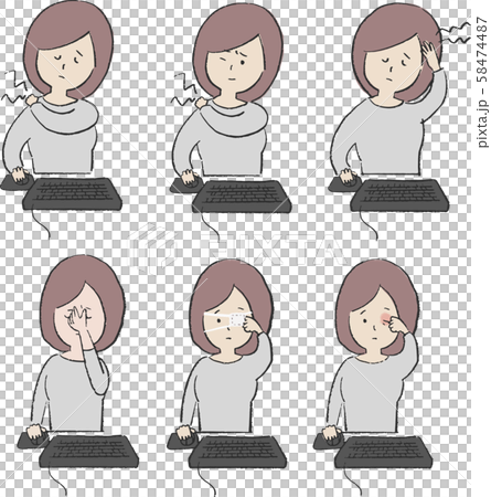 Illustration set of unwell women, stiff shoulders, headache, tired eyes, eyes Illustration set of unwell women, stiff shoulders, headache, tired eyes, eyes 58474487
