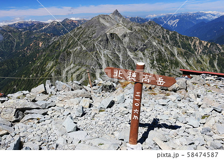 北アルプス　北穂高岳山頂の風景　槍ヶ岳からの縦走路を望む 58474587