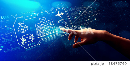 Smart city concept with hand pressing a button Smart city concept with hand pressing a button 58476740
