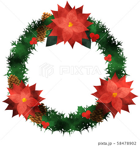 クリスマス 飾り枠 リース ポインセチア 松ぼっくりのイラスト素材