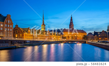 Copenhagen city at night with Christiansborg Palace in Copenhagen city, Denmark. 58481624