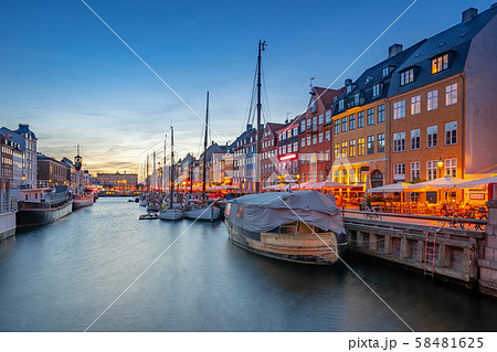 Nyhavn landmark buildings in Copenhagen city, Denmark. 58481625