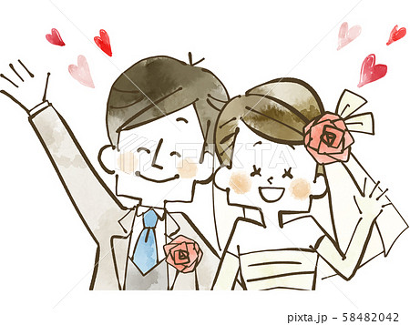 ウェディング 新婚夫婦 ハート 水彩のイラスト素材