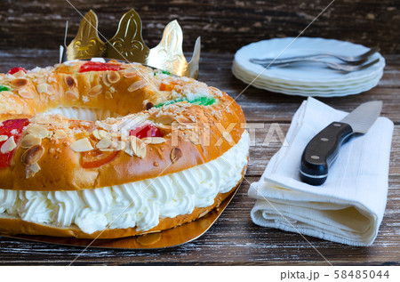 Spanish Christmas cake with fruits, nut and icing Spanish Christmas cake with fruits, nut and icing 58485044