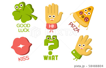 Words and Cute Cartoon Characters with Funny Faces, Good Luck, Hi, Pizza, Kiss, What, Ok, Sign Words and Cute Cartoon Characters with Funny Faces, Good Luck, Hi, Pizza, Kiss, What, Ok, Sign 58488804