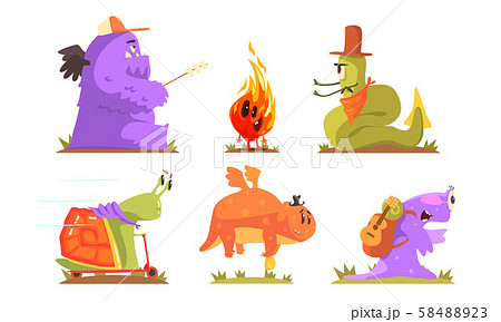 Cute humanized monsters go camping. Vector illustration. 58488923