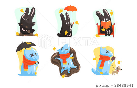 Unusual characters in the form of a dog made of water and a hare of mud. Vector illustration. 58488941