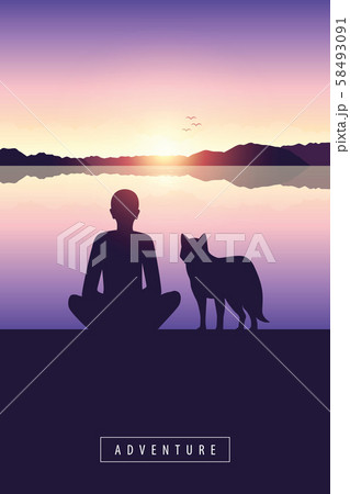 man and dog by the lake with mountain view and sunset adventure design 58493091