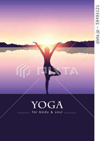 yoga for body and soul meditating person silhouette by the lake with mountain landscape 58493121