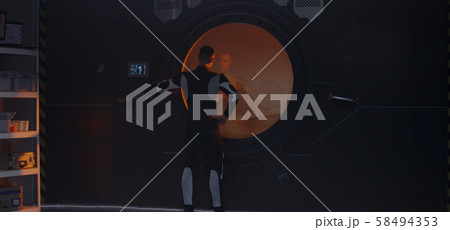 Astronaut looking out window of Mars base 58494353
