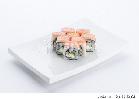 Japanese food restaurant, sushi maki gunkan roll plate or platter set. Sushi set and composition Japanese food restaurant, sushi maki gunkan roll plate or platter set. Sushi set and composition 58494532