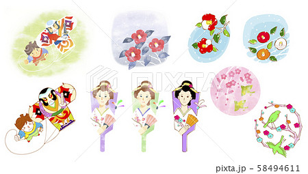 【年賀状イラスト素材セット】やっこ凧、羽子板、椿、めじろ、梅 58494611
