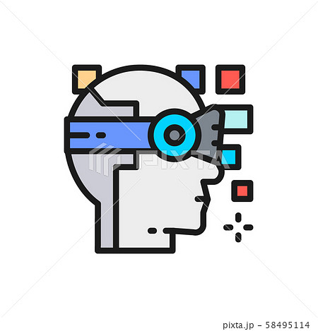 Robot, artificial intelligence, virtual reality helmet flat color line icon. 58495114