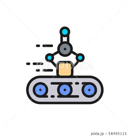 Conveyor belt with mechanical arm, robotic packaging flat color line icon. 58495115