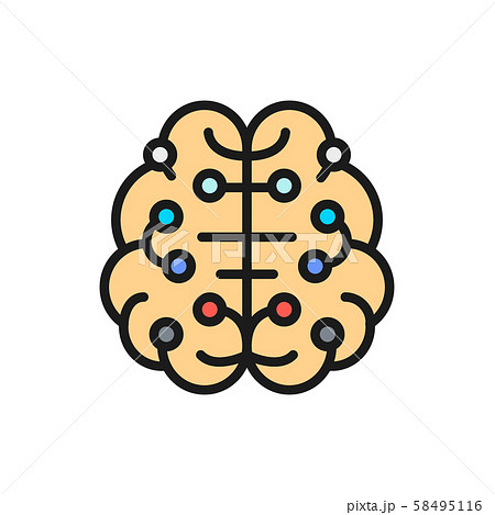 Artificial intelligence brain, connected to circuit board flat color line icon. 58495116