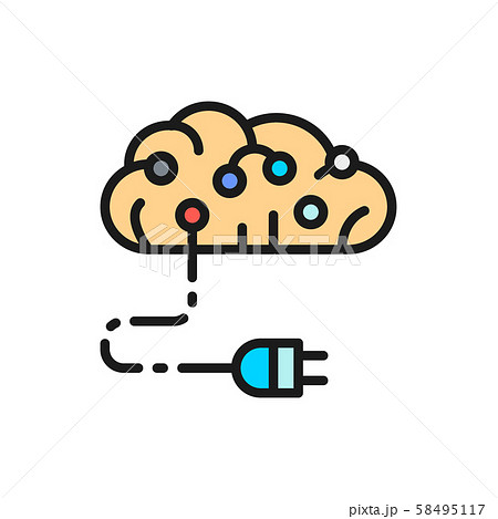 Connected brain to circuit board, artificial intelligence flat color line icon. 58495117