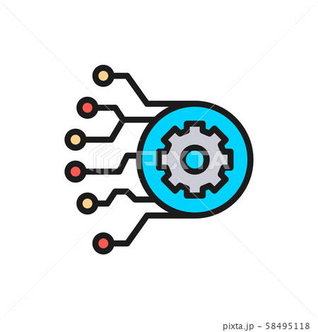 Gear with circuit board, artificial intelligence flat color line icon. 58495118