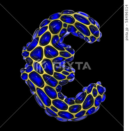Euro sign made of golden shining metallic 3D with blue glass isolated on black background. 58496314