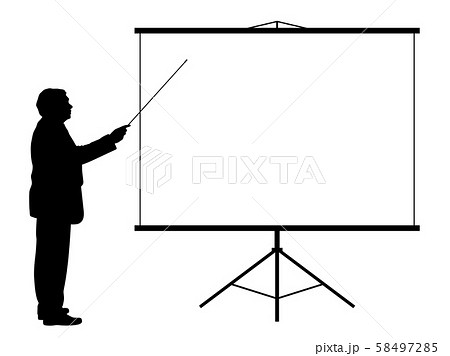 Man with pointer showing presentation on projection screen 58497285