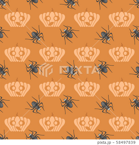 Halloween Decoration Seamless Pattern with Natural Pumpkin and Spider Isolated on Orange Background 58497839