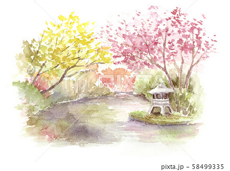 日本庭園 和風庭園 秋 水彩画のイラスト素材