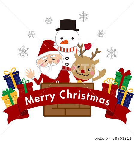 クリスマス サンタとトナカイと雪だるま2のイラスト素材