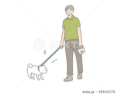 散歩を嫌がる犬と中年男性のイラスト素材