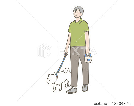 散歩する犬と中年男性のイラスト素材