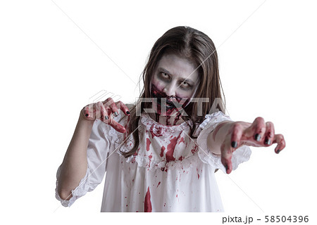 Scary asian female zombie isolated over white background Scary asian female zombie isolated over white background 58504396