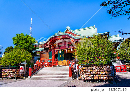 東京 亀戸天神社 社殿とスカイツリーの写真素材