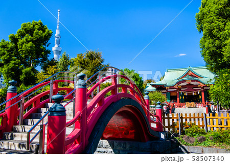 東京 亀戸天神社 女橋と社殿とスカイツリー 58507340