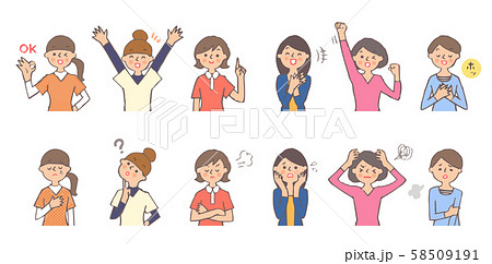 さまざまな表情の女性６人 セットのイラスト素材