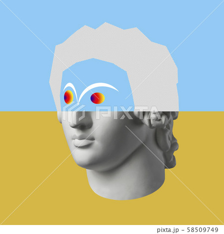 Contemporary art concept collage with antique statue head in a surreal style. Modern unusual art. 58509749