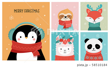 Collection of Christmas cute animals, Merry Christmas illustrations of panda, fox, llama, sloth, cat 58510184