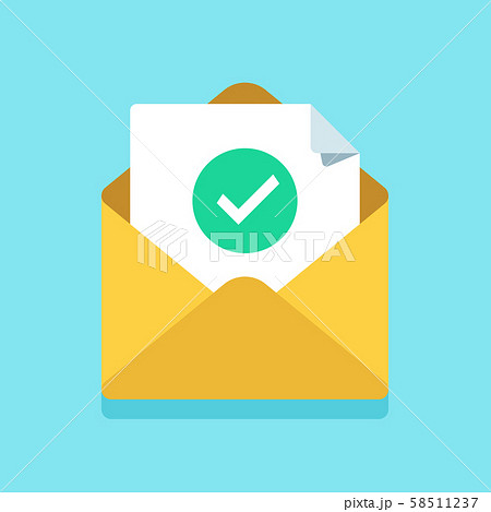 Check mark document in mail envelope. Approved tick marker, accepted or checked on letter 58511237