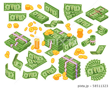 Cartoon money. Dollar bills banknotes stack, pile of dollars and banknote heap. Cash piles vector 58511323