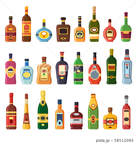 Alcohol bottles. Alcoholic liquor drink bottle with vodka, cognac and liqueur. Whisky, rum or brandy 58512093