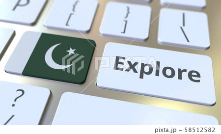 EXPLORE word and national flag of Pakistan on the buttons of the keyboard. 3D rendering EXPLORE word and national flag of Pakistan on the buttons of the keyboard. 3D rendering 58512582