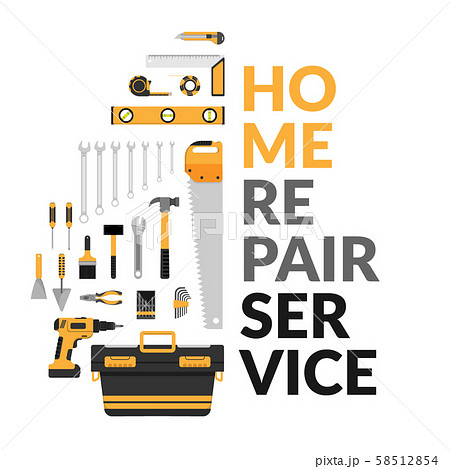 home repair service template with set of DIY home repair working tools. home repair service consulting, renovation & construction company on white background for marketing concept. vector flat design 58512854