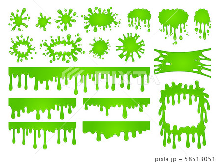 Cartoon liquid slime. Green goo paint drops, spooky splash border and scary halloween stain vector Cartoon liquid slime. Green goo paint drops, spooky splash border and scary halloween stain vector 58513051