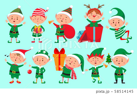 Christmas elf character. Santa Claus helpers cartoon, cute dwarf elves fun characters vector 58514145