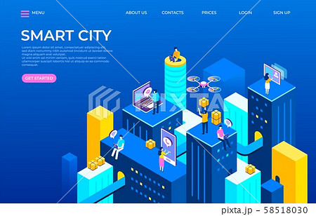 Isometric city landing page. Futuristic buildings transport and gadgets with people characters 58518030