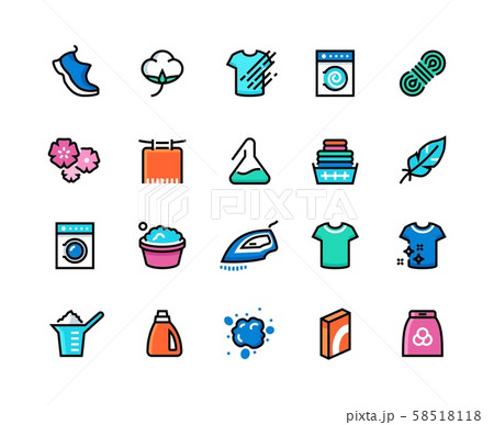 Laundry line icons. Machine and hand wash, sport wool synthetic fabric types, clean and dirty cloth 58518118