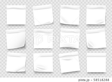 Sticky notes. White notepad sheets with crumpled edges, memos and reminders isolated on transparent 58518288