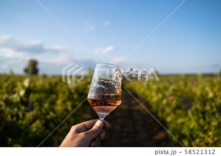 hand holding a glass of rose wine in front of 58521312