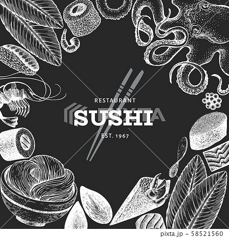 Japanese cuisine design template. Sushi hand drawn Japanese cuisine design template. Sushi hand drawn 58521560