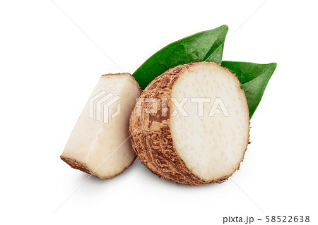 fresh taro root half with leaf isolated on white background fresh taro root half with leaf isolated on white background 58522638