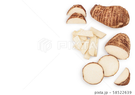 fresh taro root isolated on white background with copy space for your text. Top view. Flat lay. Set 58522639