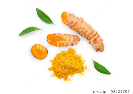 Turmeric powder and turmeric root isolated on white background. Top view. Flat lay 58522707